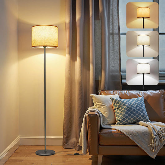 AmazeFun LED Stehlampe, 156cm Stehlampe Wohnzimmer mit Beigen Leinen-Lampenschirm & Fußschalter, Moderne Stehlampen mit E27 Birne 3 Farbtemperatur für Wohnzimmer Schlafzimmer Büro