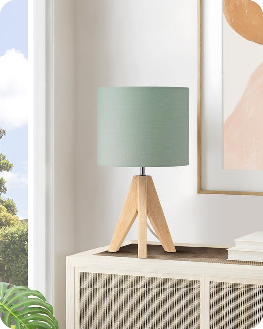 EDISHINE Tischlampe Vintage, Nachttischlampe Grün, Stativ Holz LED Tischleuchte, Retro Landhaus, E27 Lampe, Lampenschirm aus Leinen, für Deko Schlafzimmer, Wohnzimmer