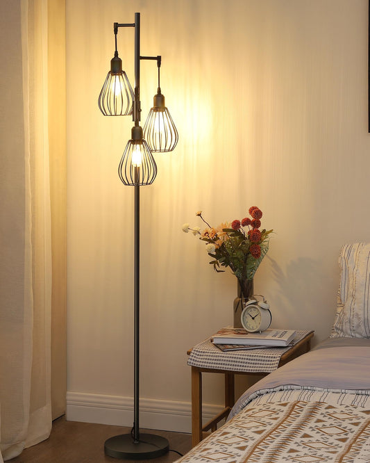 EDISHINE Stehlampe Wohnzimmer, 3-flammige Stehleuchte Dimmbar mit E27 LED-Glühbirnen, Käfig Lampenschirm aus Metall, 2700K warmweiß, Industrial Standleuchte für Schlafzimmer und Büro, 166 cm, Schwarz