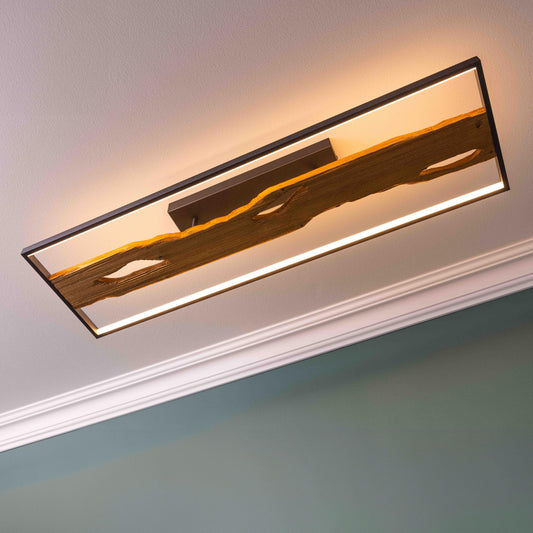 Lightbox LED Deckenlampe im Landhaus Stil | dimmbare Deckenleuchte für Wohnzimmer oder Schlafzimmer in warm-weiß mit 3000 K, 6600 Lumen | aus Aluminium/Metall/Holz, in Schwarz/Braun